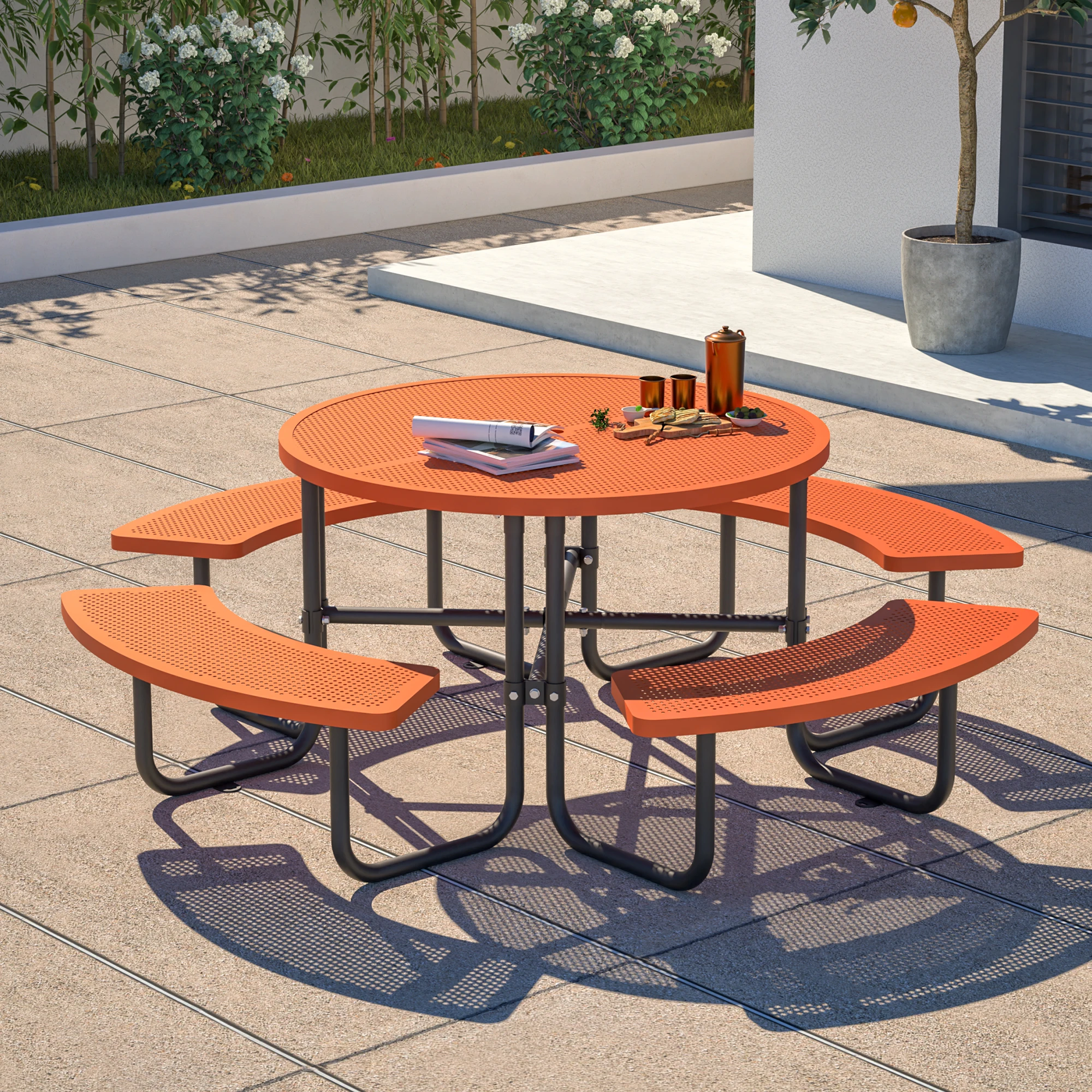 46.45 Inch Heavy Duty Waterproof Anti-Rust Outdoor Picnic Table, Circular Perforated Metal Table with Four Integrated Curved Benches, Thick Reinforced Steel Structure, Ultra Sturdy and Long Lasting for Backyard, Park, Garden and Campsite