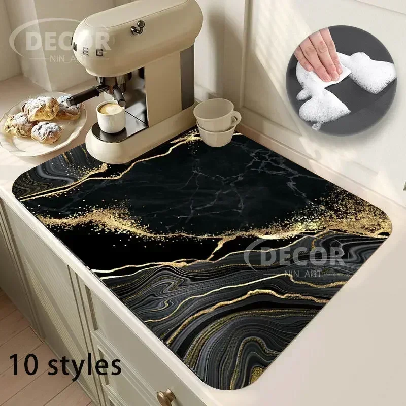 Black Marbling Super Absorbent Tableware Dish Drying Mat Kitchen Bottle Anti-slip Rug Luxury Kettle Dinnerware Bar Counter Tool