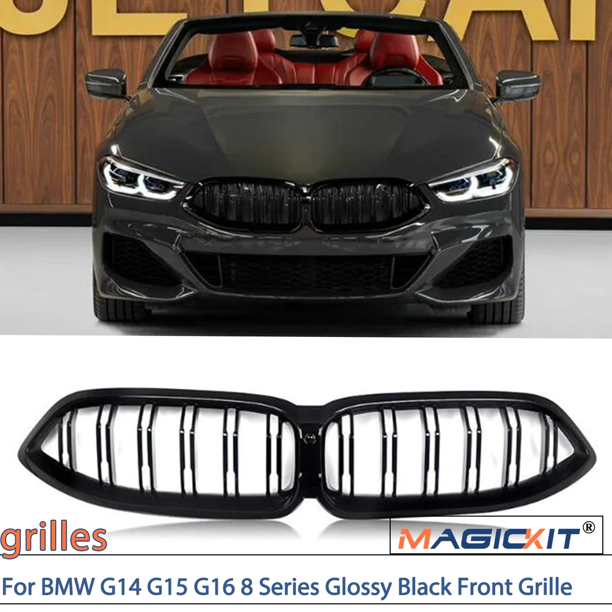 MAGICKIT For BMW 8 Series G14 G15 G16 2023-2024 Front Bumper Grille Gloss Black Dual Slats CAR Accessories