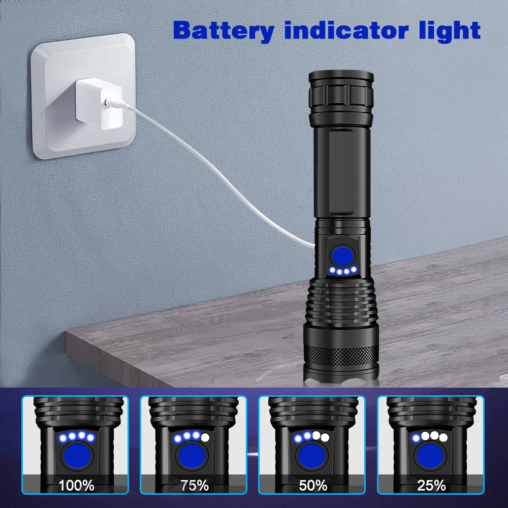 Imagem -06 - Tocha Tática de Longo Alcance Lanterna Led de Alta Potência Usb Recarregável Lâmpada Leve Forte Lanterna Portátil ao ar Livre Impermeável