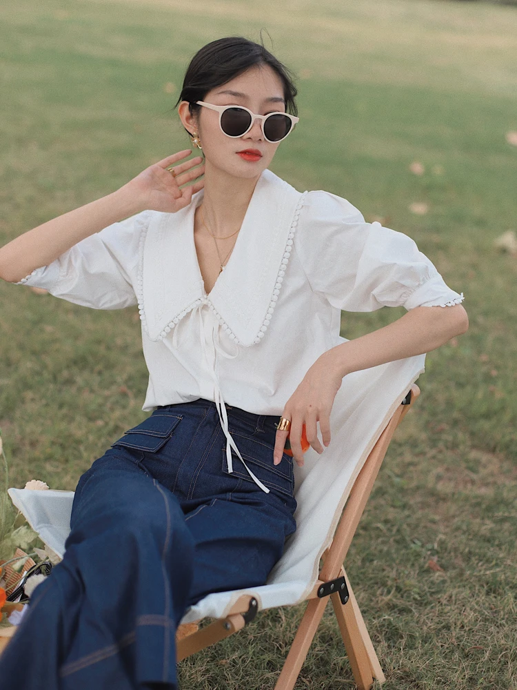 

Slimming Effect Pure Cotton irt with Bow Tie Bubble Sves And Doll Collar for Women Commute Sle Seven Sve Length