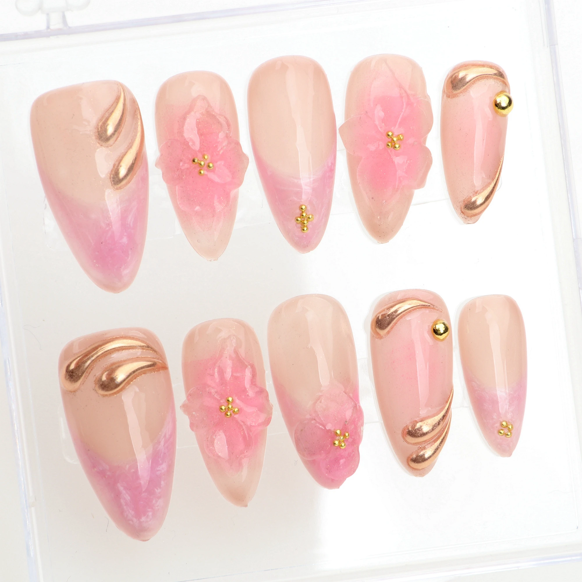 10Pcs 3D Flower Press On Nails,Free Style Gold Luxury False Nails for Birthday Holiday Vacation Prom Nails,Dreamy Pink Nails,