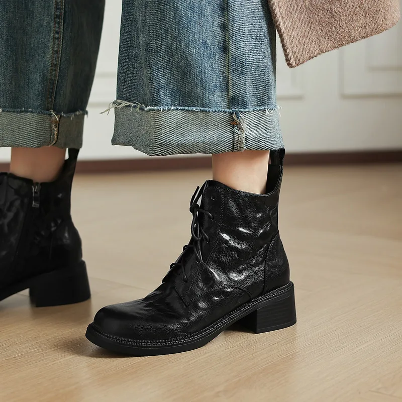 2027 Women Ankle Boots Handmade Luxury Genuine Leather High Heel Laces Black Short Boot Elegant Female Booties Designer Shoes
