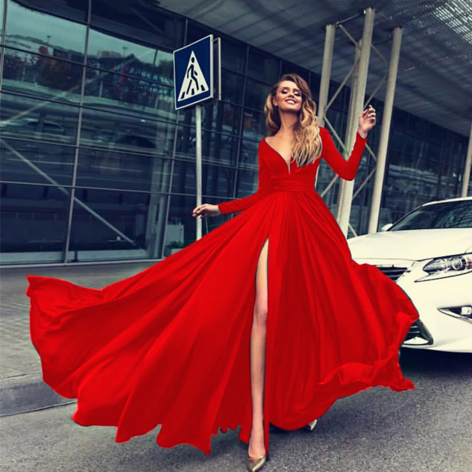 

Fashion Women's Elegant Solid Color Banquet Evening Dress Spring And Autumn Sexy Deep V-Neck Stitching Slit Irregular Long Dress