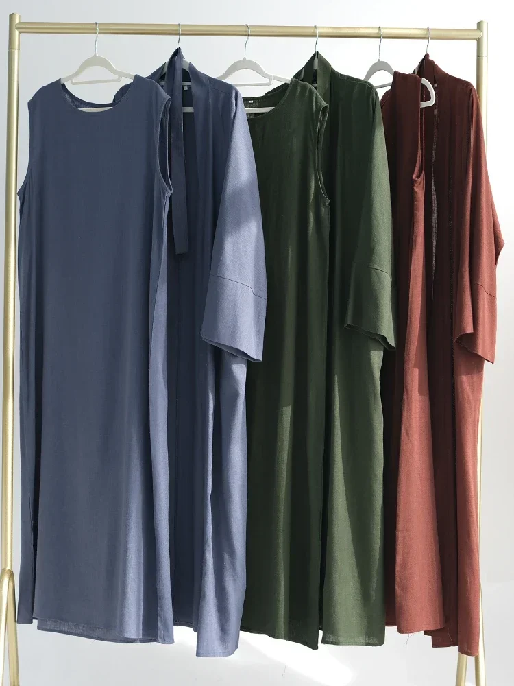 이드 무슬림 여성용 아바야 드레스 세트 2피스 코튼 린넨 아바야 아랍 잘라비야 파티 드레스 카프탄 베스티도스 롱 로브 잘라비야