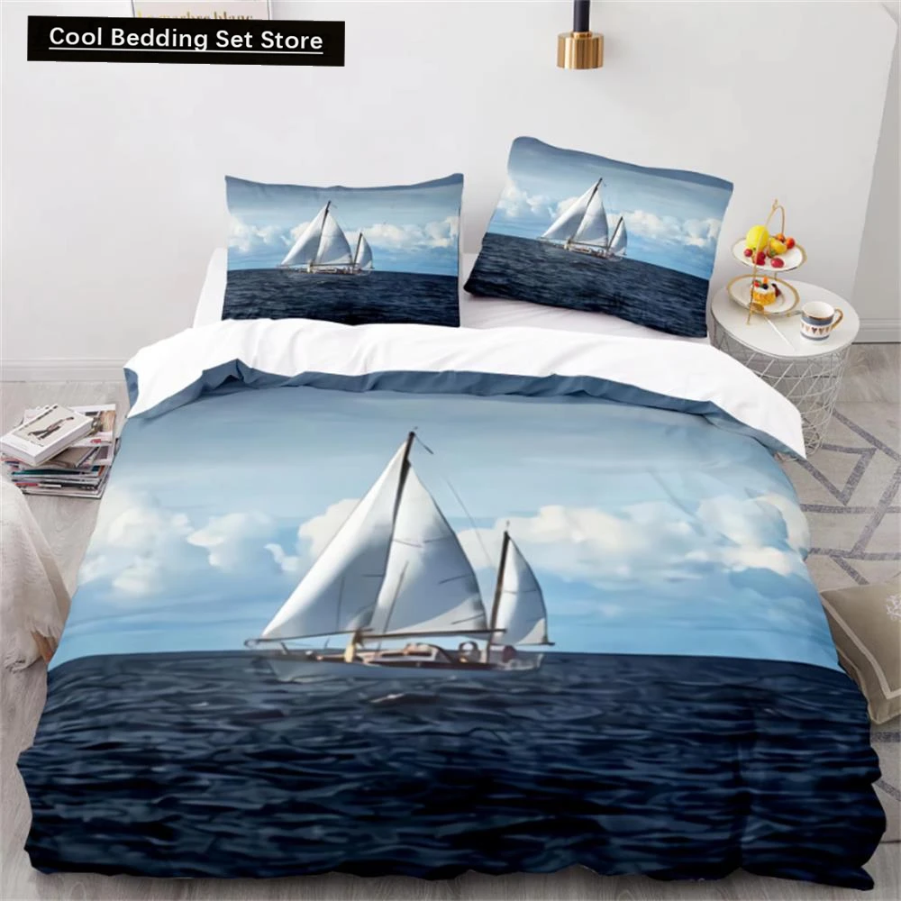 

Wave Duvet Cover Set,Sea Ocean Nautical Bedding Set Sailboat Comforter Cover,Queen/King/Full/Twin Size Polyester Quilt Cover