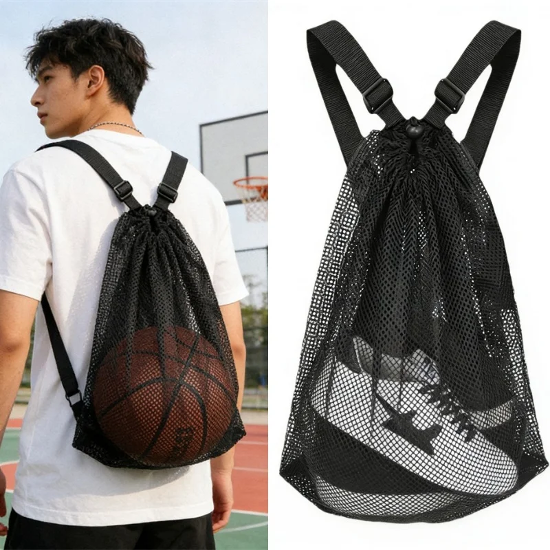 Team Training Mesh Backpack Bag Portable Drawstring Football Basketball Storage Bag Large Capacity Hiking Travel Shopping Pocket