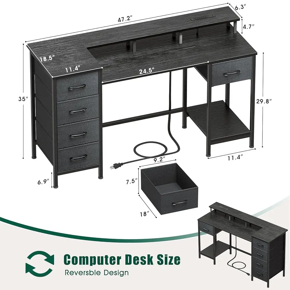 47 H Computer Gaming Desk With Power Outlets & Led Lights Reversible Home Office Desk With Adjustable 5 Fabric Storage Drawers