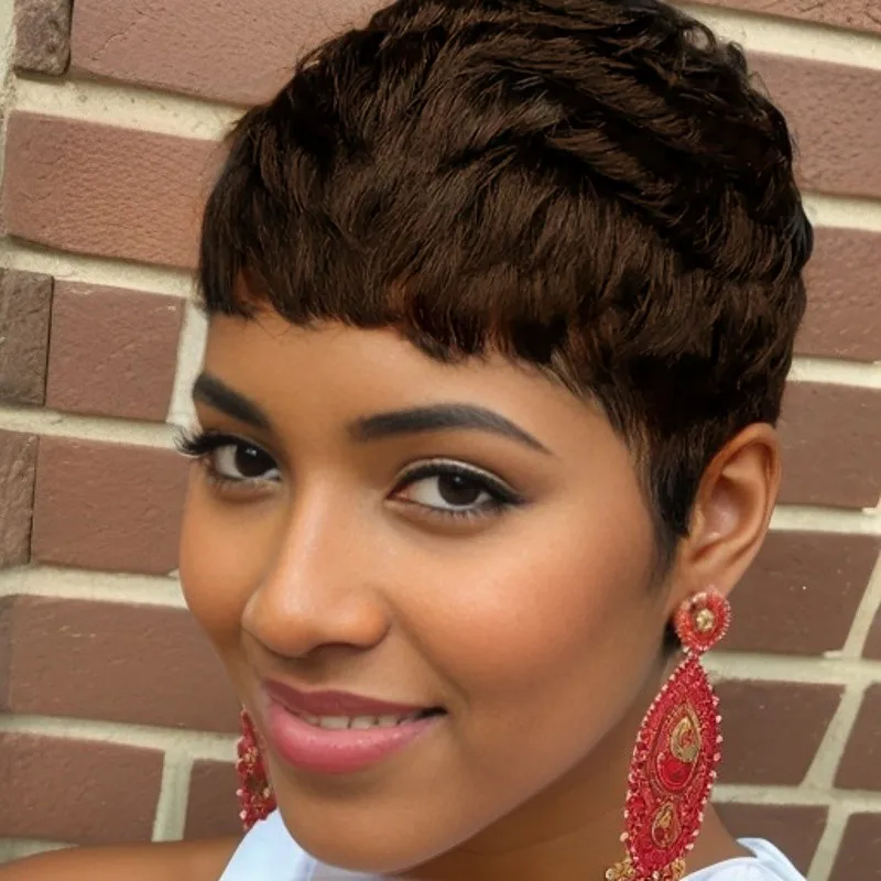 ブラジリアンショートピクシーカットレイヤードフルマシンメイドウィッグ（女性用）