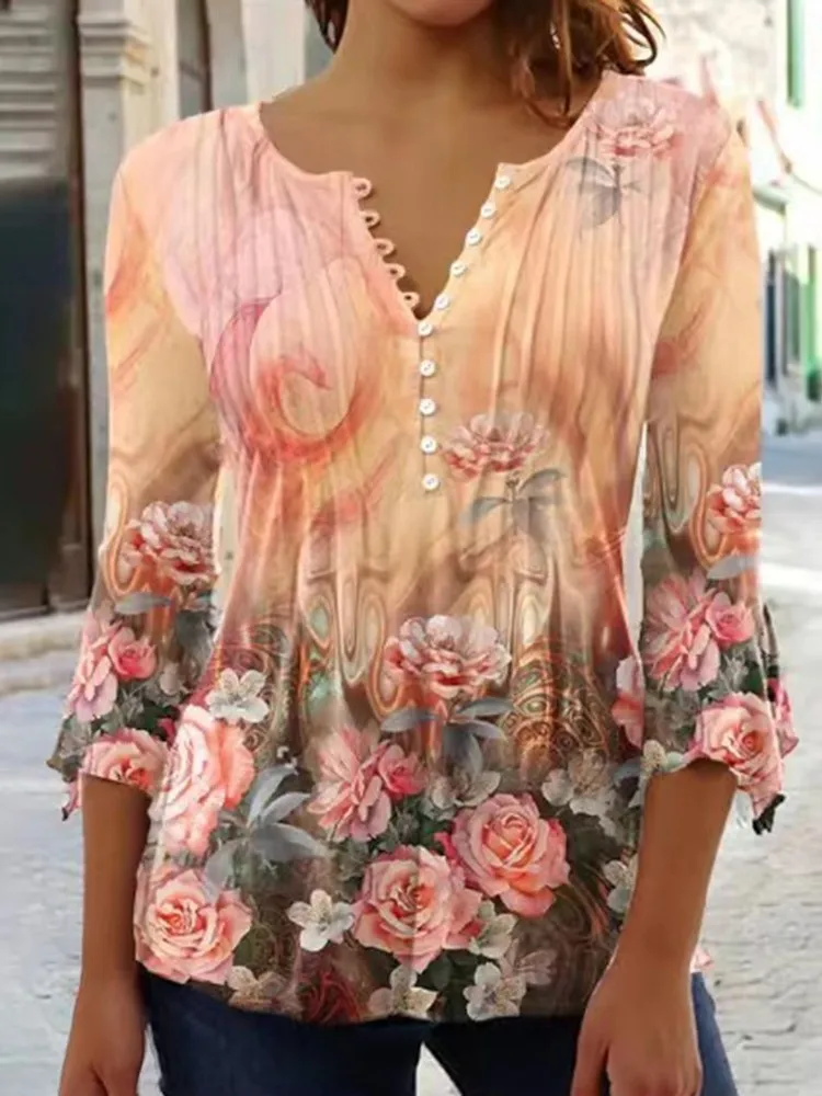 Women'S V-Neck Button-Down T-Shirt Street Trend Top Fashion V-Neck Clothing Printed Women'S T-Shirt Casual Everything T-Shirt