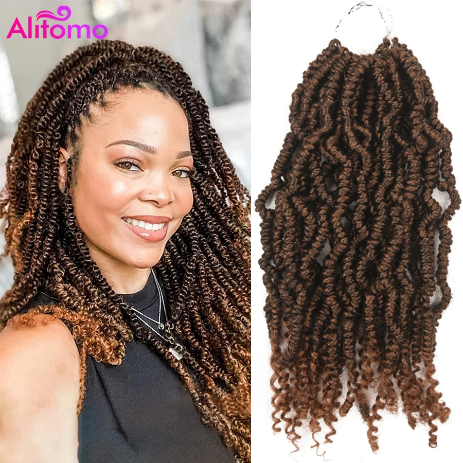 Alitomo Bomb Twist Crochet Hair Pre looped 14inch Synthetic Kinky Curly Spring Twist Hair Mini Passion Twist Hair for Women