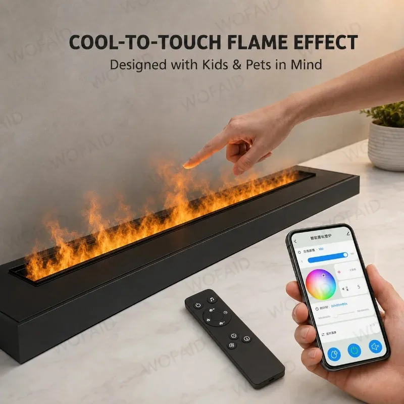 Adjustable RGB Vapor Fire Place Smart Linear Mist Fireplace App Controlled Flame Height Color and Speed for Modern Interiors