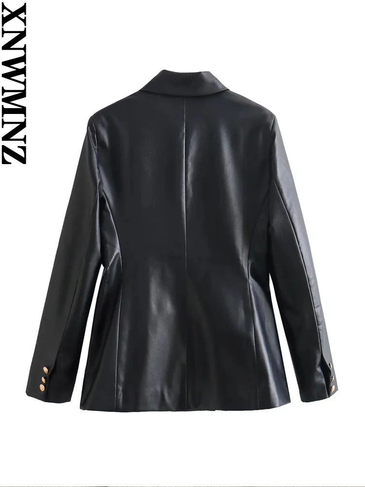 XNWMNZ Women\'s Fashion 2023 Autumn/Winter Faux Leather Blazer Women Retro Lapel Long Sleeve Button Versatile Female Jacket Coat