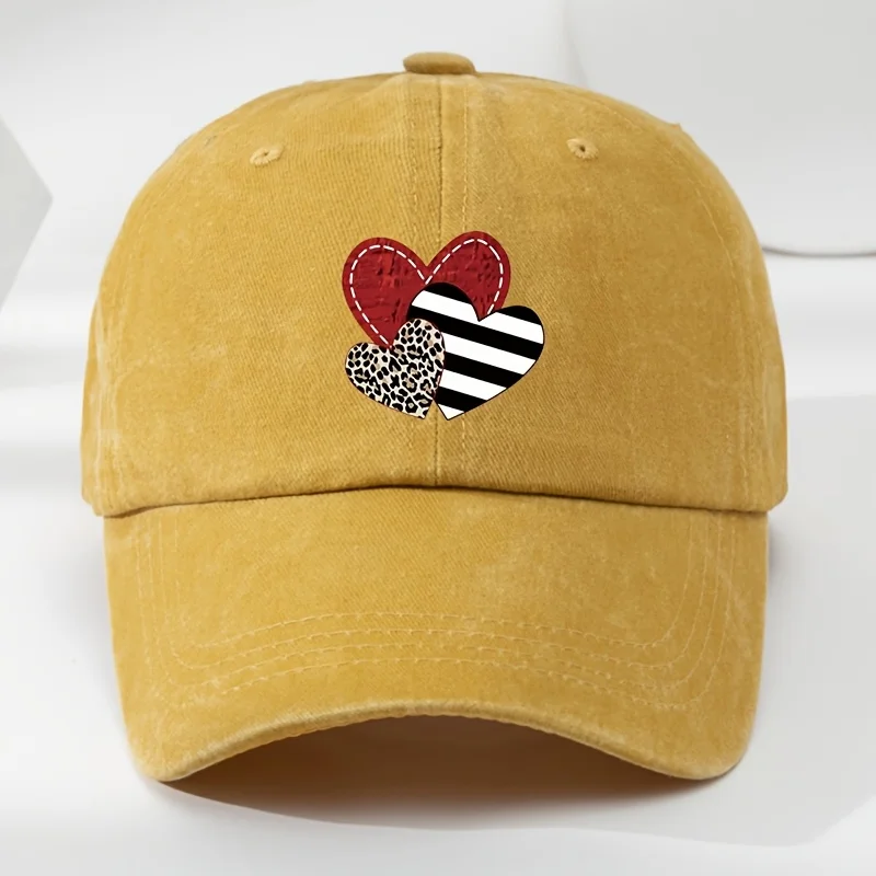 

Unisex Adjustable Retro Soft Top Baseball Cap with Fun Heart-shaped Print Casual Outdoor Leopard Print Design Sun Protection Cap