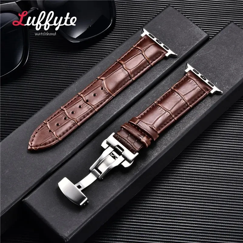 Leather Strap with Butterfly Buckle for Apple Watch Band 44mm 40mm 45mm 41mm 42mm 38mm 49mm for Iwatch 9 8 7 6 Se 5 4 3