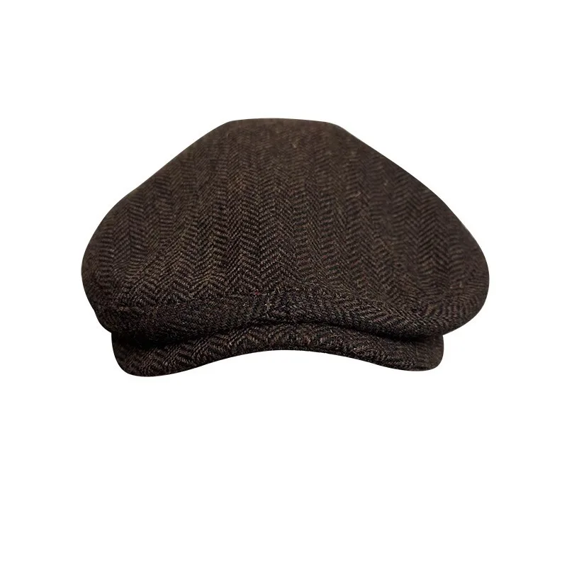 Coffee Herringbone Baseball Beret, Autumn Winter Vintage Warm Versatile Hat