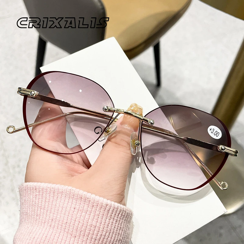 

CRIXALIS Round Rimless Reading Sunglasses Women Fashion Trend Computer Glasses Anti Blue Light Female Gradient Presbyopic Lens