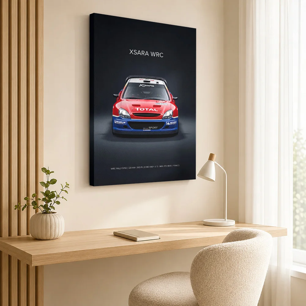 French Xsara WRC Rally Car Framed Canvas Print Personalized Photo Realistic Studio Illustration Wall Art For Motorsport Lounge