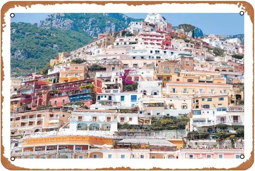 Positano Pastel Houses Metal Signs Decoracin Vintage Metal Tin Signs 12x8 Inch Iron Painting Wall Decor Restaurant Bar Cafe Club