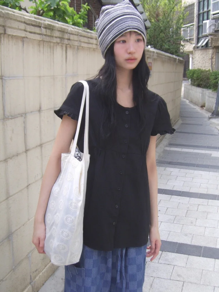 

Лето 2025: Новая корейская футболка с V-образным вырезом и рукавами-колокол для девочек, с завышенной талией, для повседневной носки