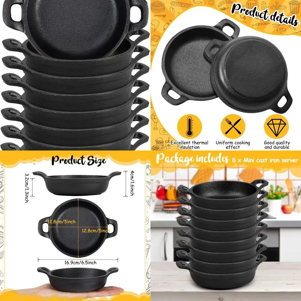 

Set of 8 Mini 5x5x1.3 Inch Cast Iron Skillets - Small Casserole Dishes, Oven Safe for Kitchen and Outdoor Use