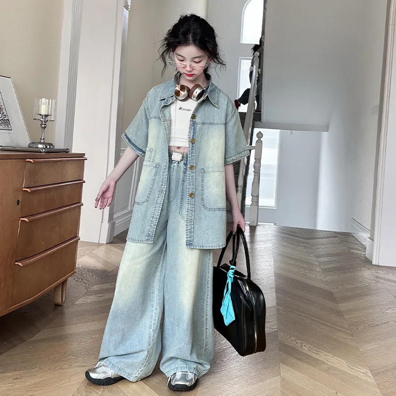Design 14 ensemble jeans fille Short Sleeve Shirt+Wide Leg jeans 2pcs juniir kid pants suit teen girl clothes set child outfits
