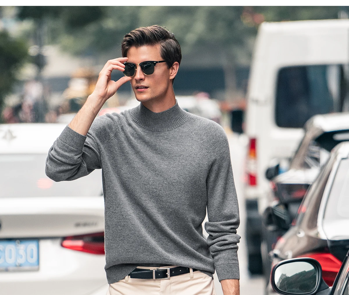 Suéter de cachemira para hombre, suéter cálido de cuello alto, manga larga gruesa, color sólido, otoño e invierno, 100%