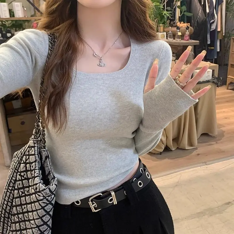 

Women's Knitted Long Sleeve Low Neck Color Base Shirt Autumn Winter Slim Fit Square Collar Top Korean Style Commute Fas...