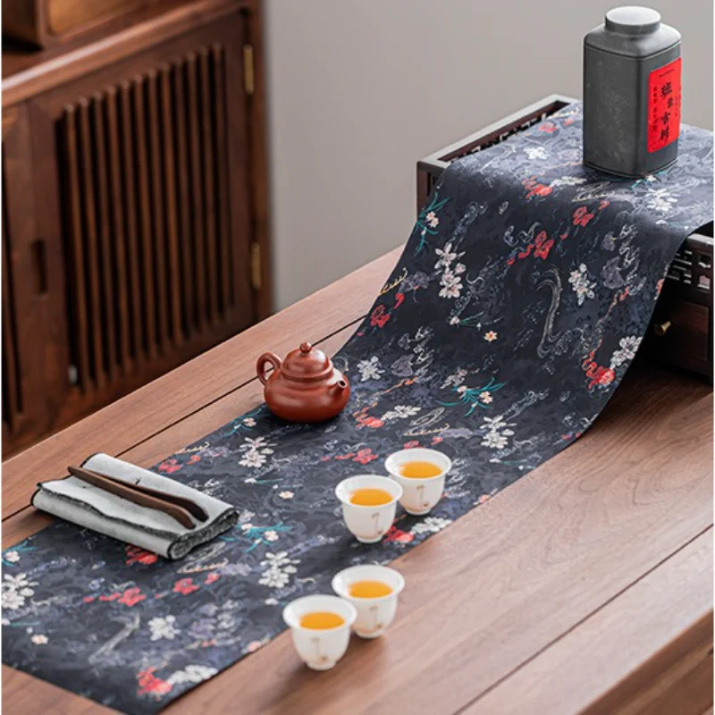 Chinese Zen Cloud Silk Tea Mat Long Table Runner Luxury Dry Brew Pad Tea Tray Cloth Gongfu Tea Ceremony Accessories Home Decor