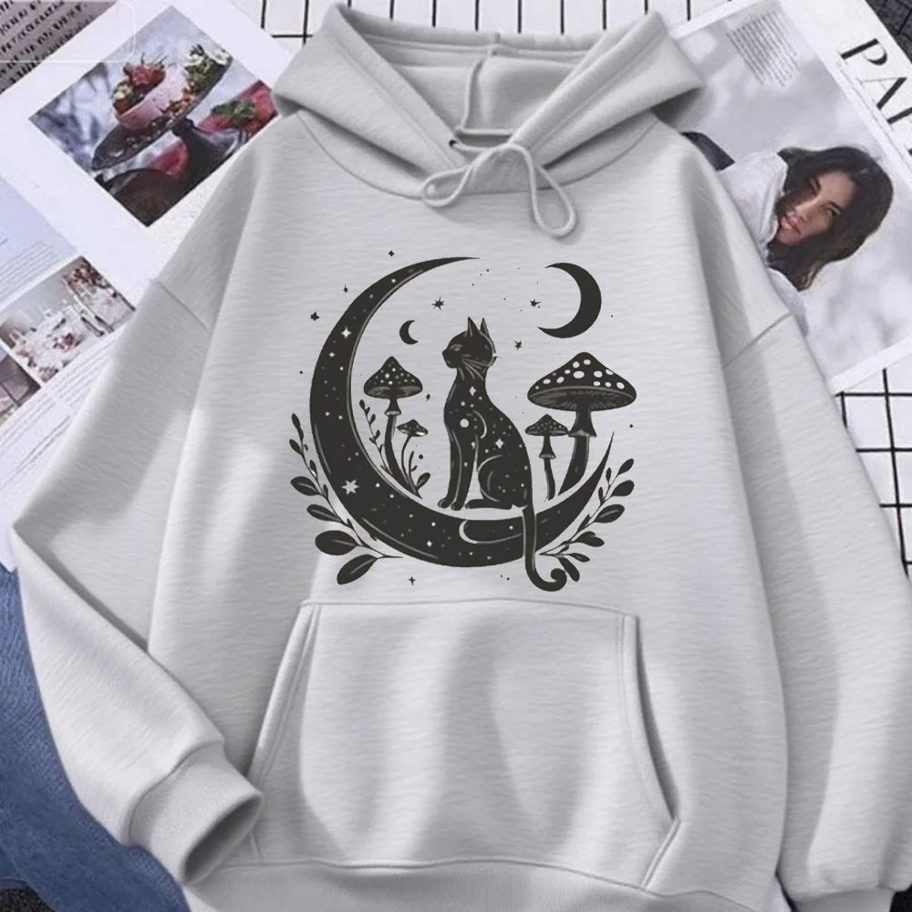 Gato celestial moletom feminino crewneck moletom lua hoodie roupas de yoga pulôver espiritual witchy com capuz presentes para ela