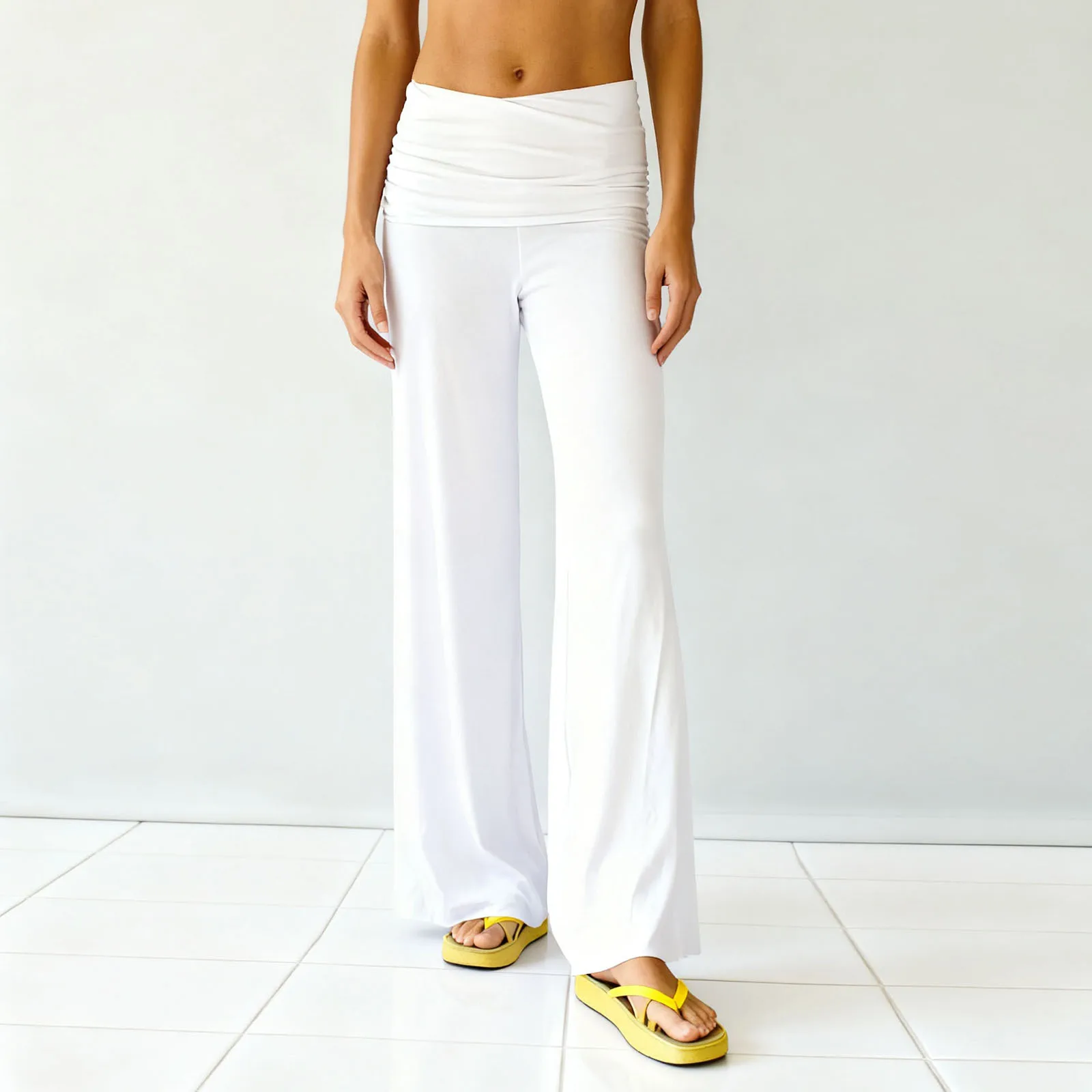 Summer Fall Womens Wide Leg Pants Casual Loose Fit Stylish Solid Color Elastic Pleated Low Rise Trousers Streetwear