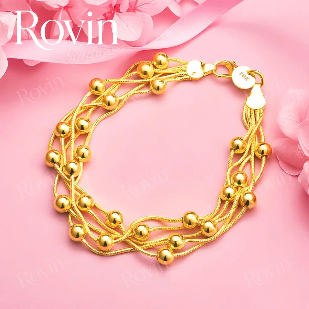 18K Gold 8-inch Delicate Multi-Layer Beaded Bracelet for Women, Fashionable Wedding Party Jewelry