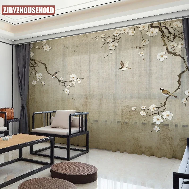 Customizable Chinese Style Magnolia Peach Blossom Flower and Bird Curtain Cloth Gauze Curtains for Bedroom Living Study Room