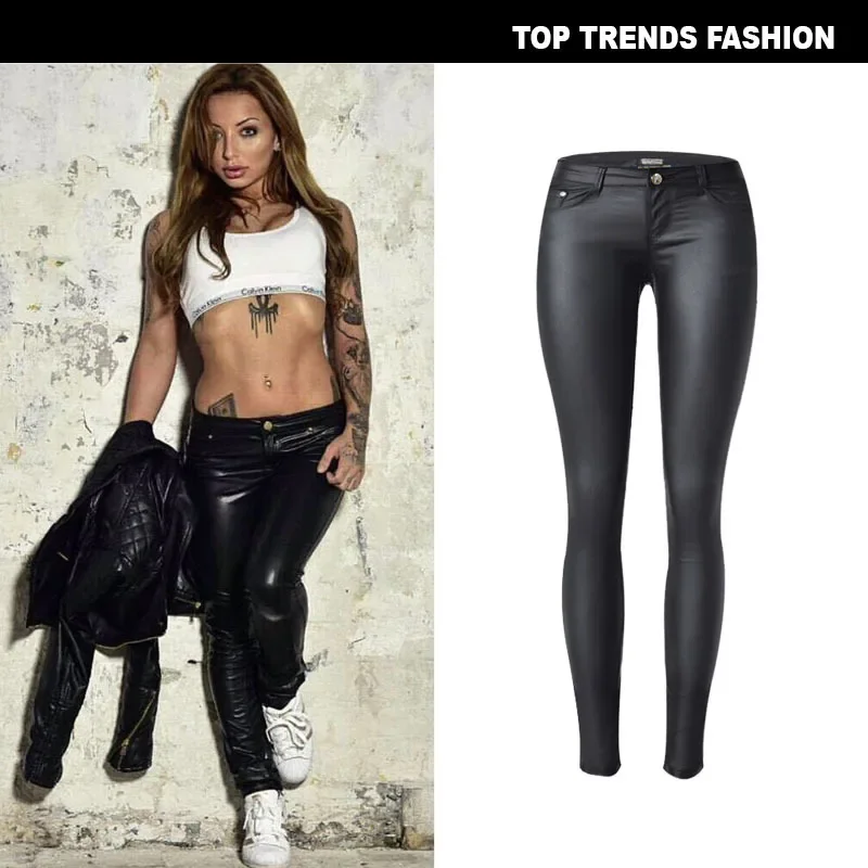 

Women's Leather Pant Low Rise Stretch Coated PU Faux Leather Denim Trousers for Women