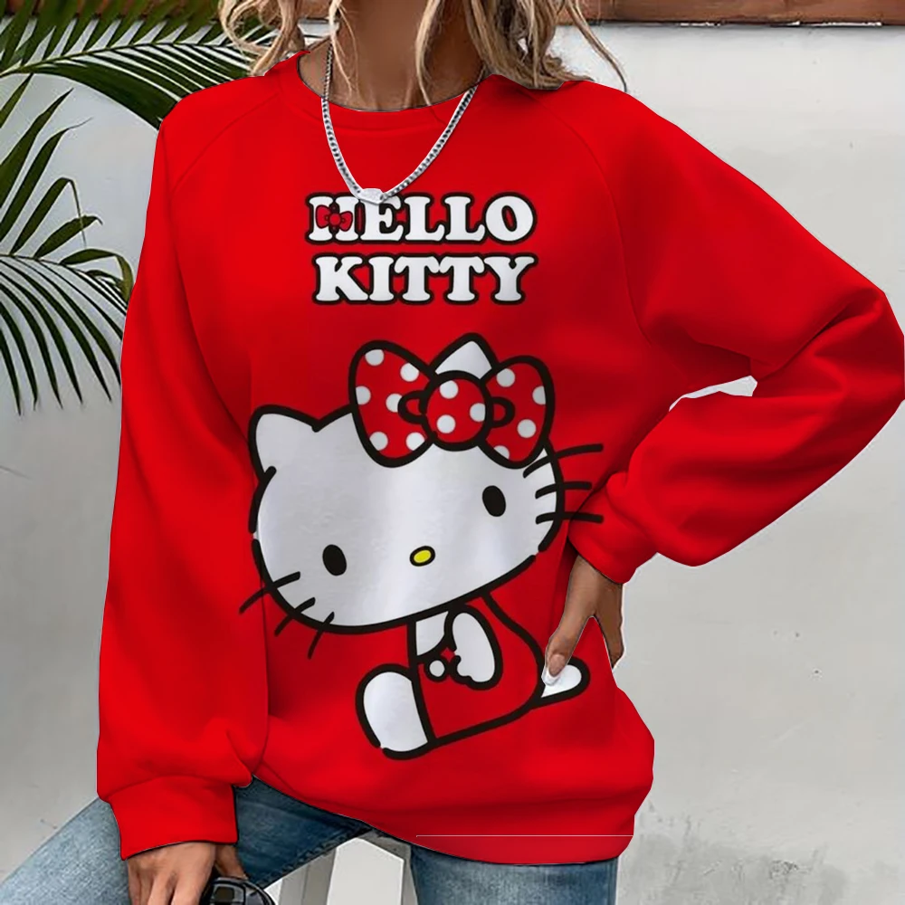 Hello Kitty Cartoon Anime Women Pullover Spring Autumn Men Round Neck Hoodie Clothes 2024 New Fashion Couple Sweatshirt Tops