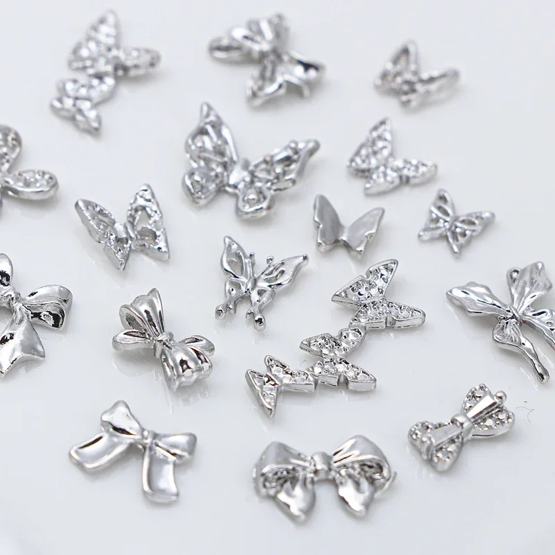 10pcs/bag Silver Metal Bows Nail Art Charm 3D Alloy Accesorios Silver Nail Decoration Parts DIY Punk Manicure Design Butterfly