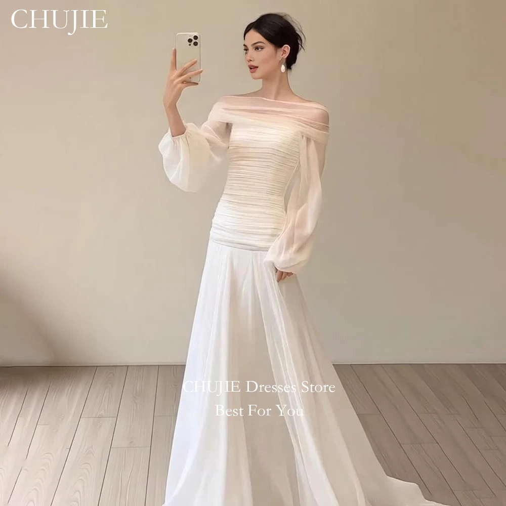 

White Chiffon Pleat Vestido de novia Свадебное платье New A Line Long Sleeves Wedding Dresses Plus Size Bridal Gowns Customized