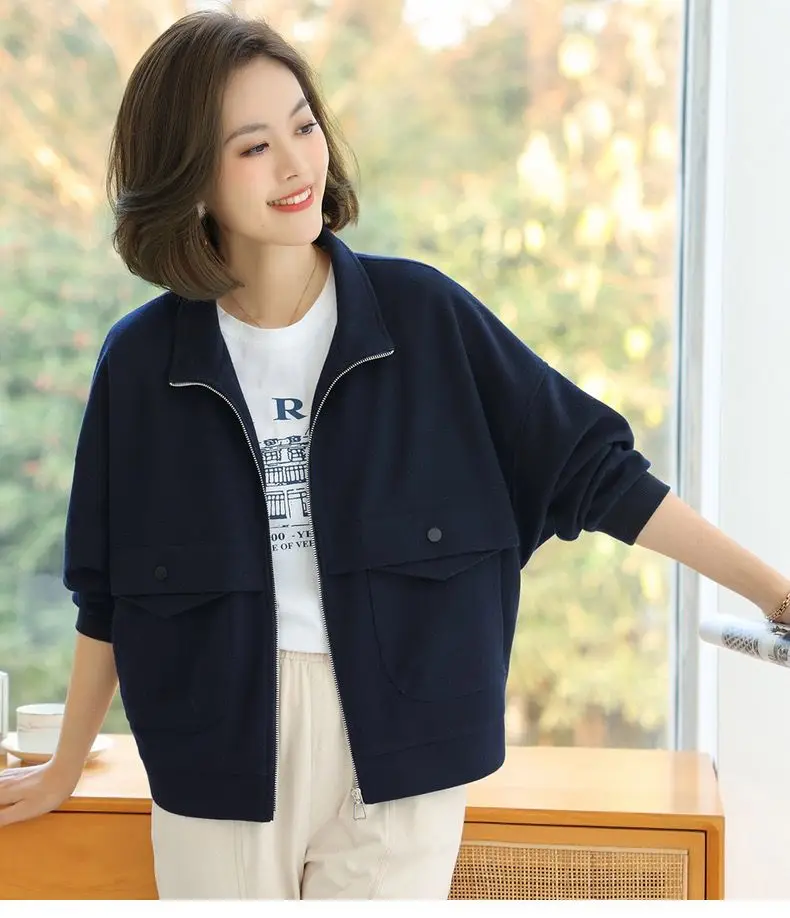 Pure Cotton Jacket Women's Solid Color Hoodie New Short Loose Jacket Cardigan Top Trendy