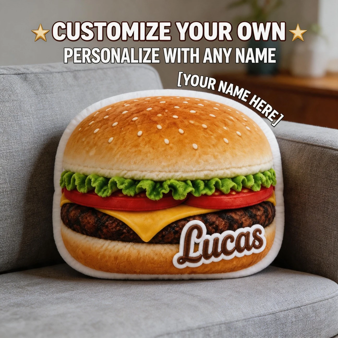 Custom Personalized Photo Hamburger Shaped Pillow, Novelty Food Style Decorative Cushion with Name Text, Unique Home Decor Accen