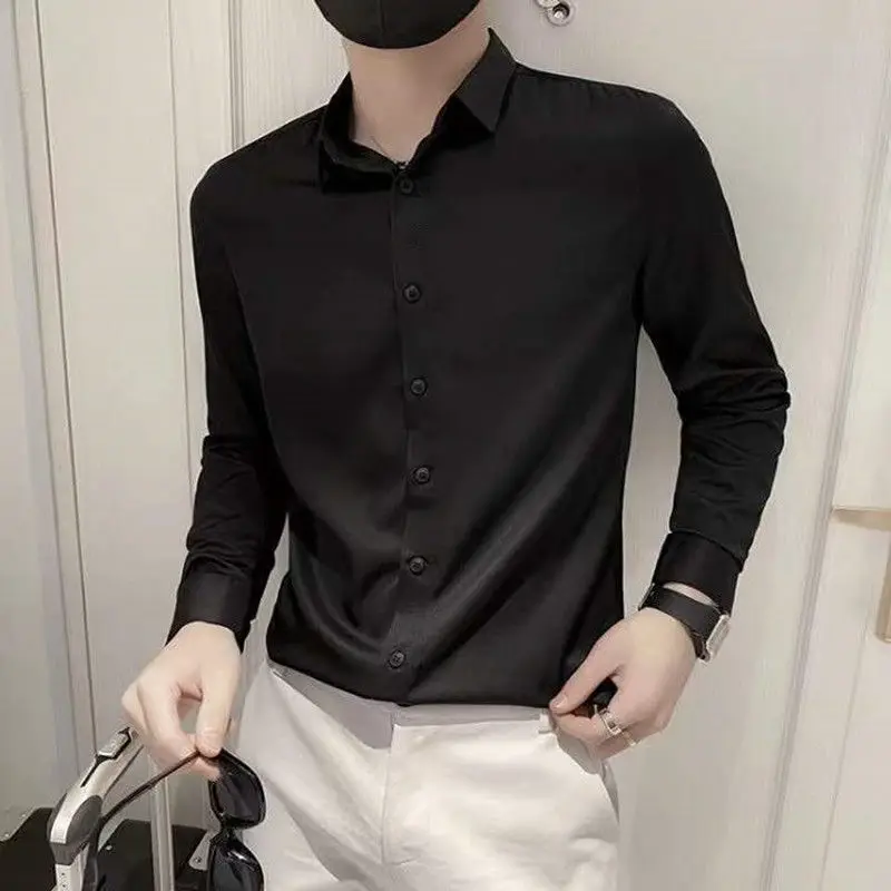 

2023 New Men's Shirt Solid Color Large Size 5XL Black White Chemise Homme Male Business Casual Long Sleeved Shirts for Men Q188