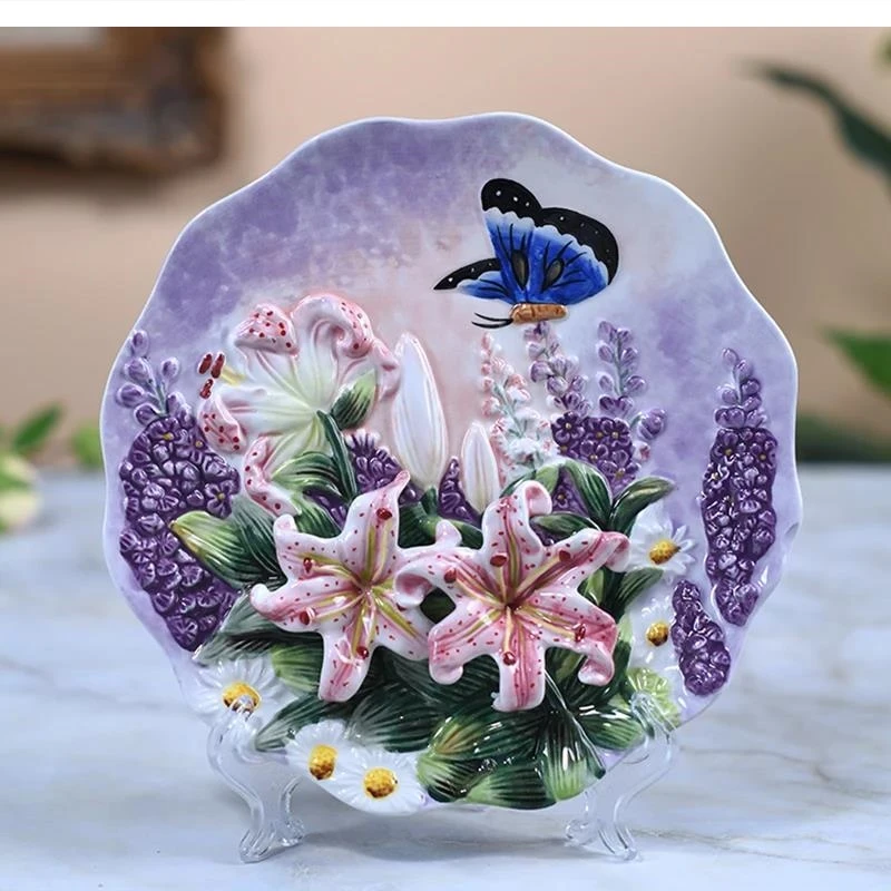 European Lily Ceramic Teapot Coffee Cup Tea Flower Home Decoration 3D Decorative plate wedding birthday gift