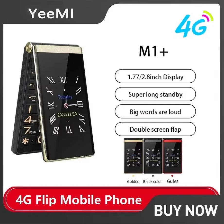 Yeemi M1+ 4G LED Light Dual Display Mobile Phone Flip Mobile 2 SIM Cards CellPhone Big Keyboard Loud Voice 2G Elderly Celluar