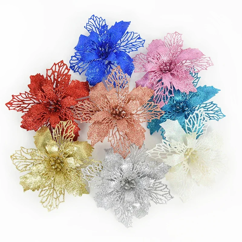 5pcs 9/11/16cm Glitter Hollow Artificial Flowers Christmas Tree Decoration For Home DIY Xmas Party New Year Decor Fake Flower