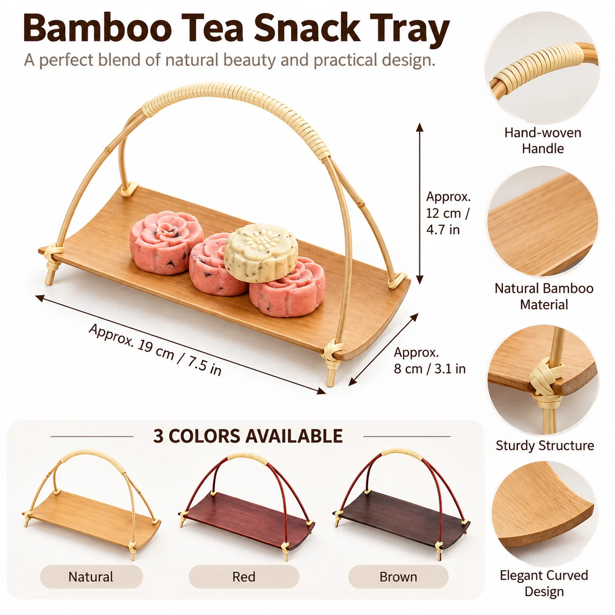 Bamboo Tea Snack Serving Tray with Handle, Handmade Tea Dessert Plate for Mooncakes, Pastries, Nuts & Home Tea Table Decor