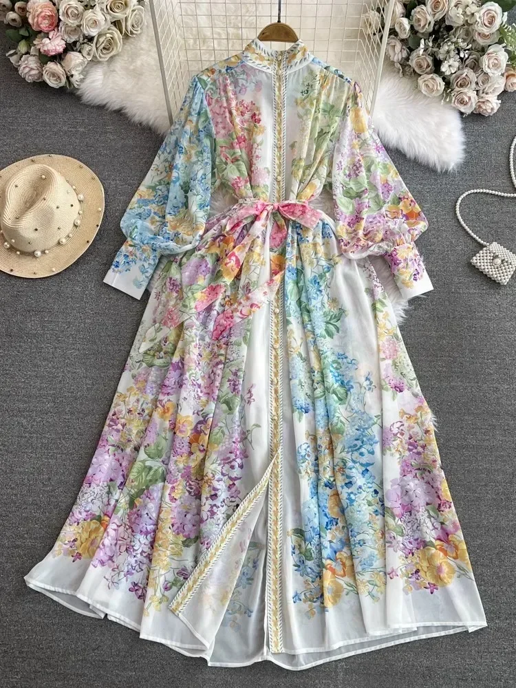 2024 Fashion Bohemain Flower Maxi Dress Women's Stand Long Lantern Sleeve Single Breasted Floral Print Lace Up Loose Boho Robe