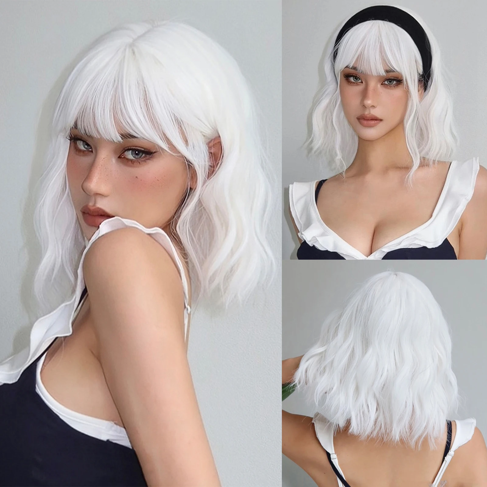 Krótki biały Bob peruki syntetyczne krótki falisty Lolita peruki z grzywką naturalne włosy dla kobiet żaroodpornych peruka do Cosplay