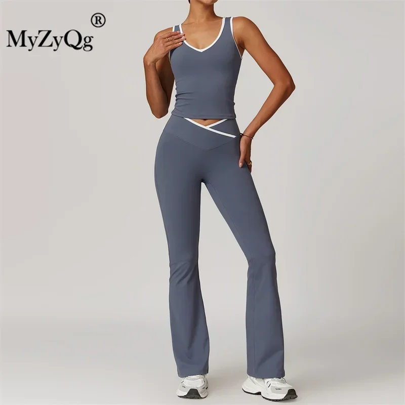 MyZyQg Crossover High Waist Exercise Yoga Vest Flared Pants Suit Women Clashing Color Backless Skinny Running Fitness Pant Set