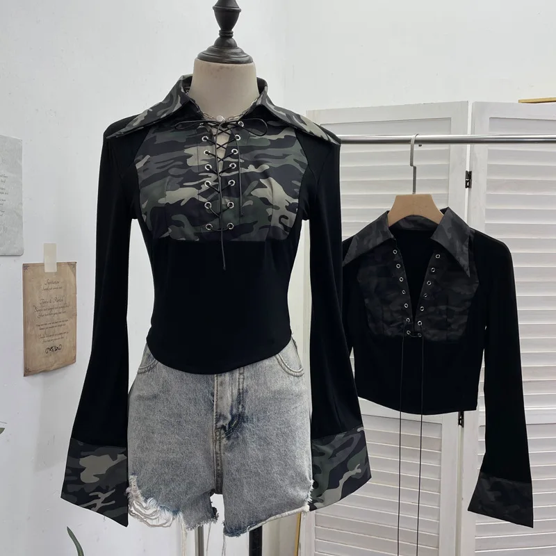 

Y2k Spice Girl Camouflage Splicing Polo Collar T Shirt Lace-up Hollow Design Short Long-sleeved Top Women