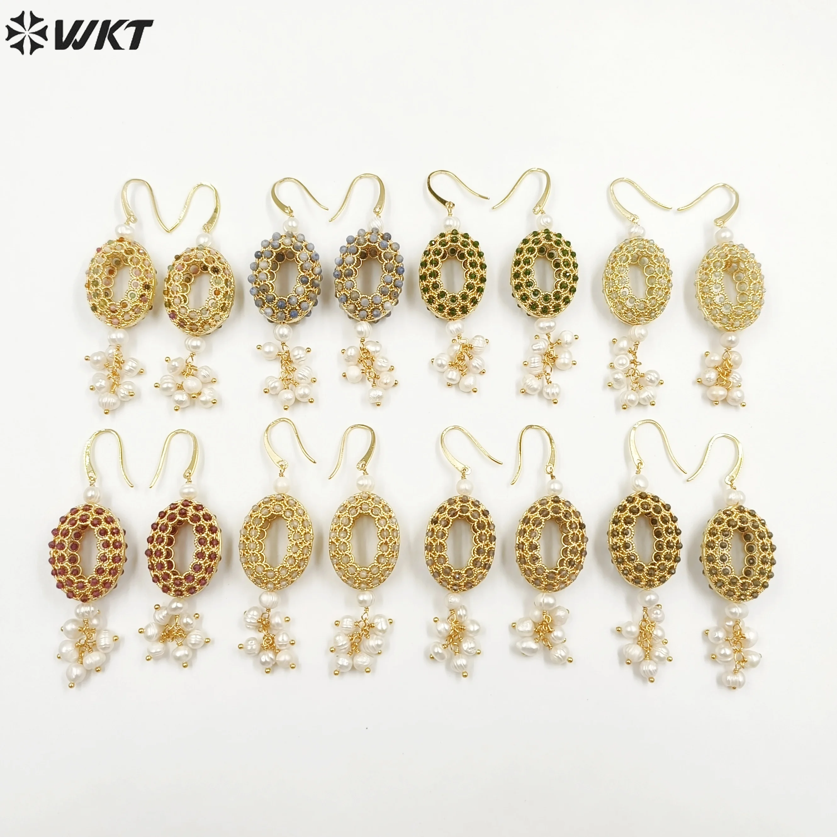 

WT-MPE108 WKT New Design 18K Real Gold Plated Long Dangle Fashion Oval Shape Ring With Wire wrapped Stone Beads Charm Earrings