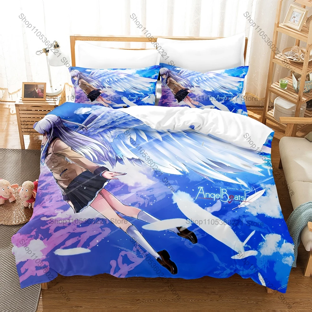 Cute Angel Beats Anime Bedding Set 3D Print Lightweight Duvet Cover Set For Kids Teens Adults Pillowcases Home Textile